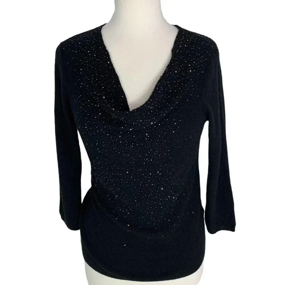 Eileen Fisher Wool Beaded Drape Cowl Neck Sweater Top Black Size XS